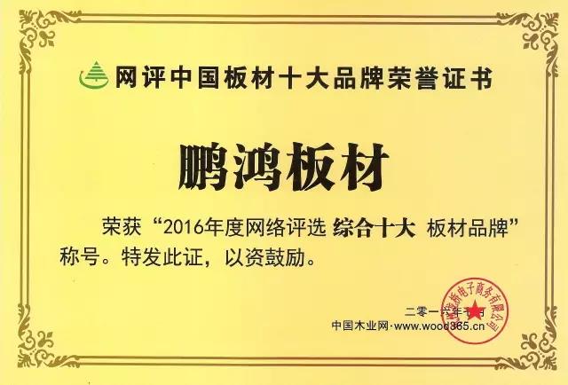 鵬鴻實(shí)力再獲肯定，蟬聯(lián)木業(yè)網(wǎng)2017年度“生態(tài)板十大品牌”
